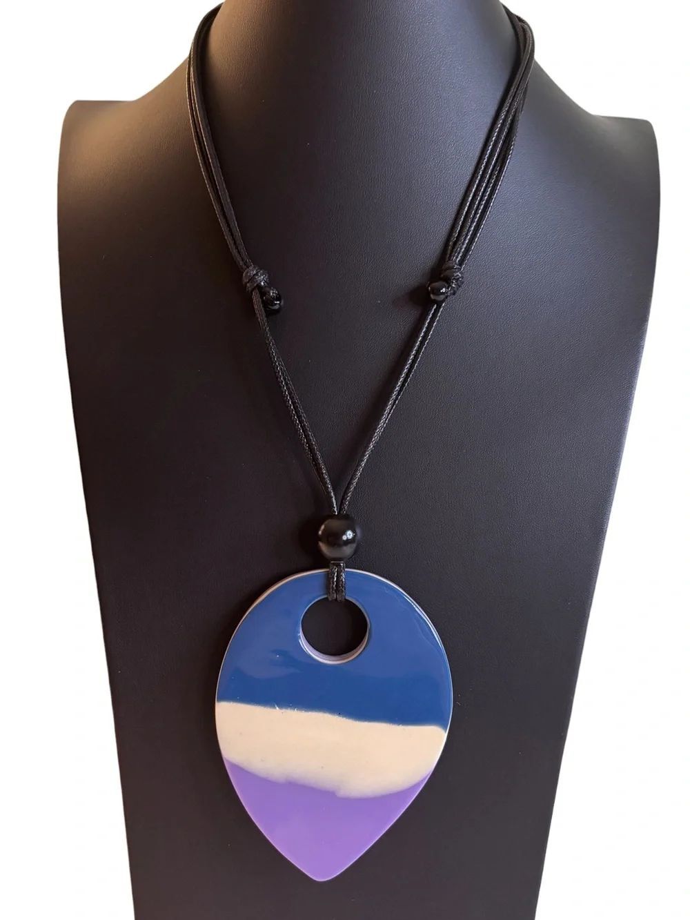 Reversible Geometrical Resin pendant in Blue, Creme & Lavender.